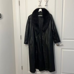 Vintage leather coat with fur collar.